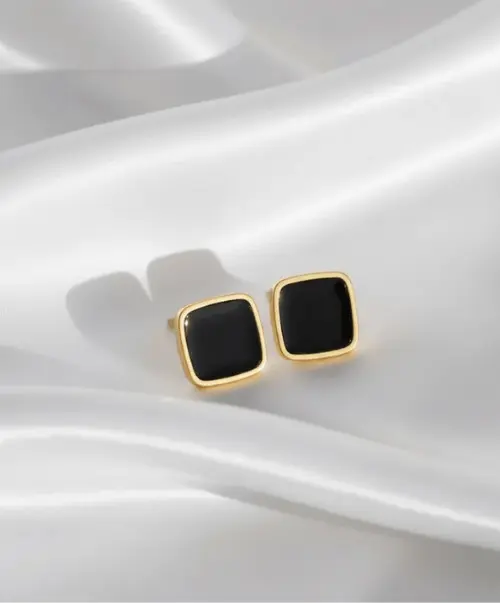 Black and Gold Onyx Square Stud Earrings