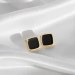 Gold Onyx Square Stud Earrings