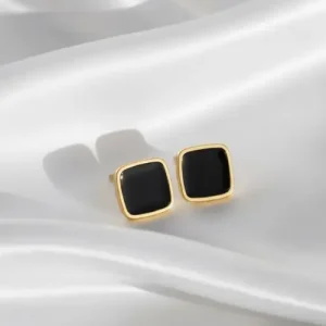 Gold Onyx Square Stud Earrings